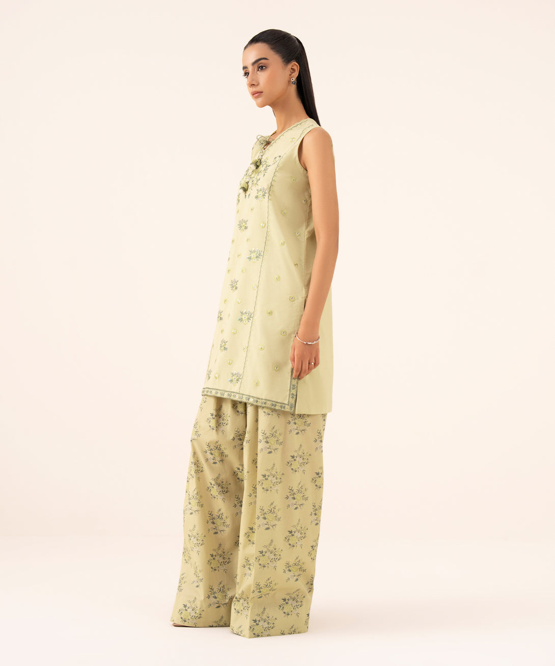Women's Unstitched Cotton Viscose Embroidered Green 3 Piece Suit