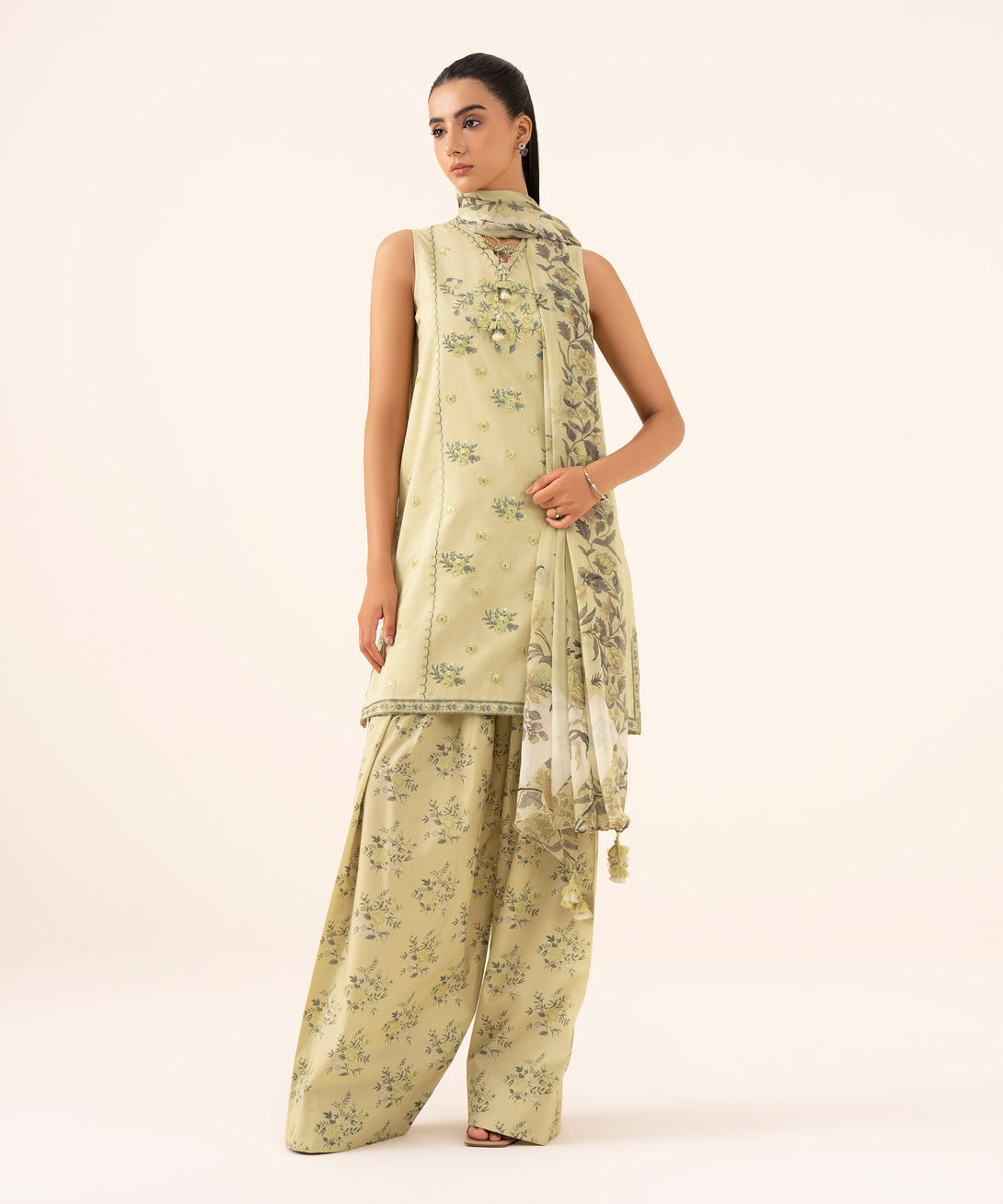 Women's Unstitched Cotton Viscose Embroidered Green 3 Piece Suit