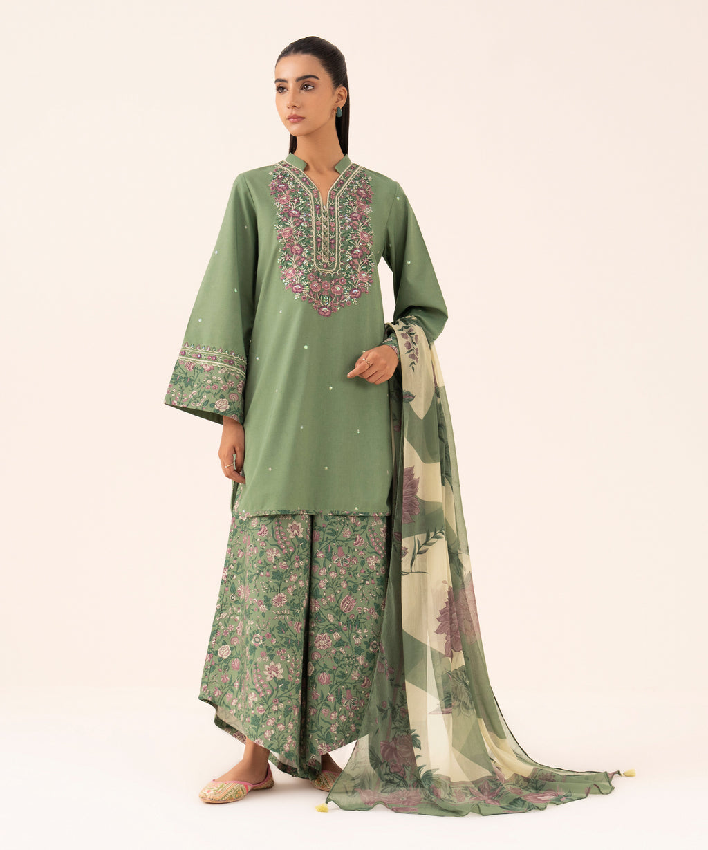Women's Unstitched Cotton Viscose Embroidered Green 3 Piece Suit