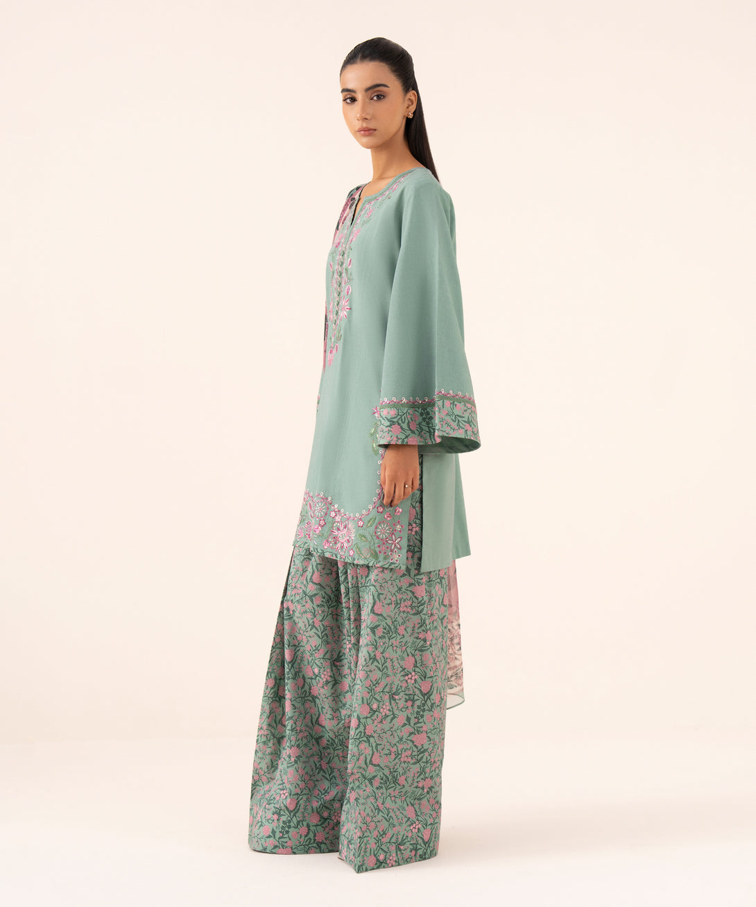 Women's Unstitched Cotton Viscose Embroidered Green 3 Piece Suit