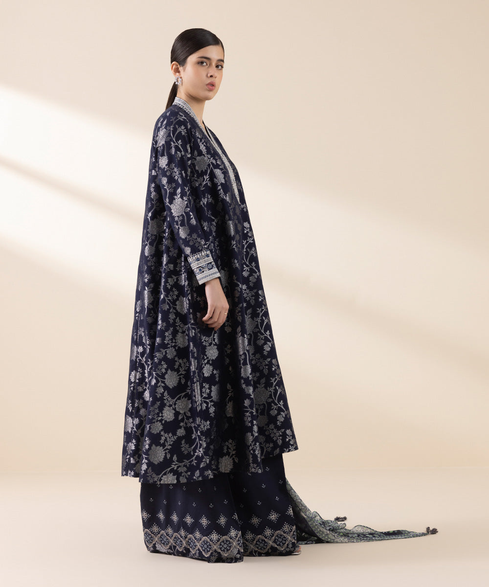 Unstitched Women's Embroidered Extra Weft Jacquard Blue Three Piece Suit 