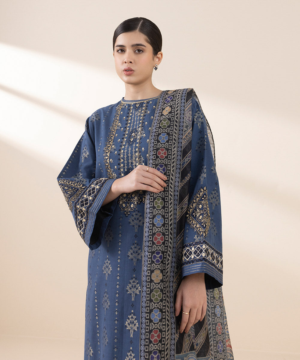 Unstitched Women's Embroidered Extra Weft Jacquard Blue Three Piece Suit 