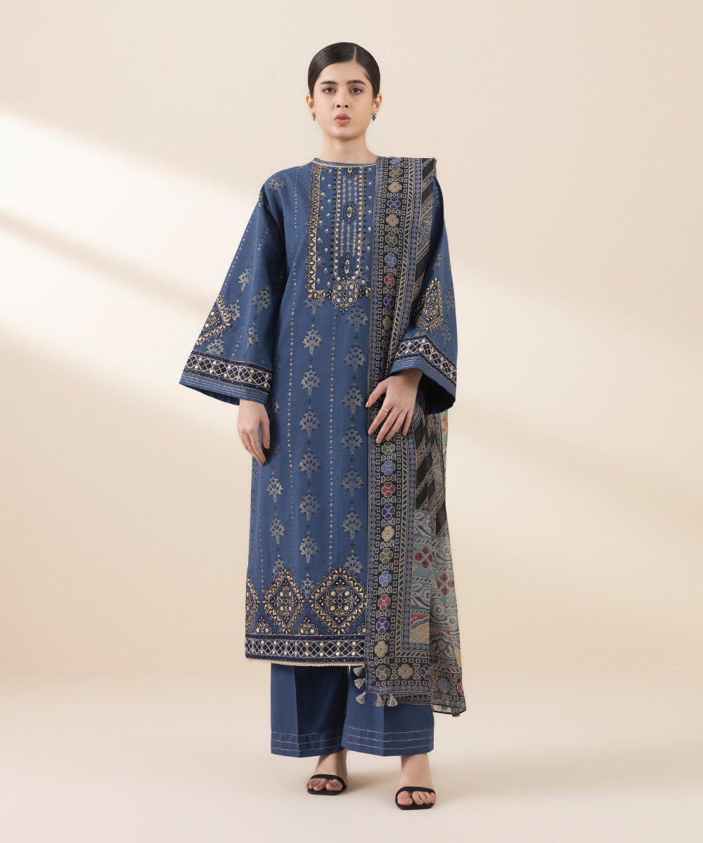 Unstitched Women's Embroidered Extra Weft Jacquard Blue Three Piece Suit 