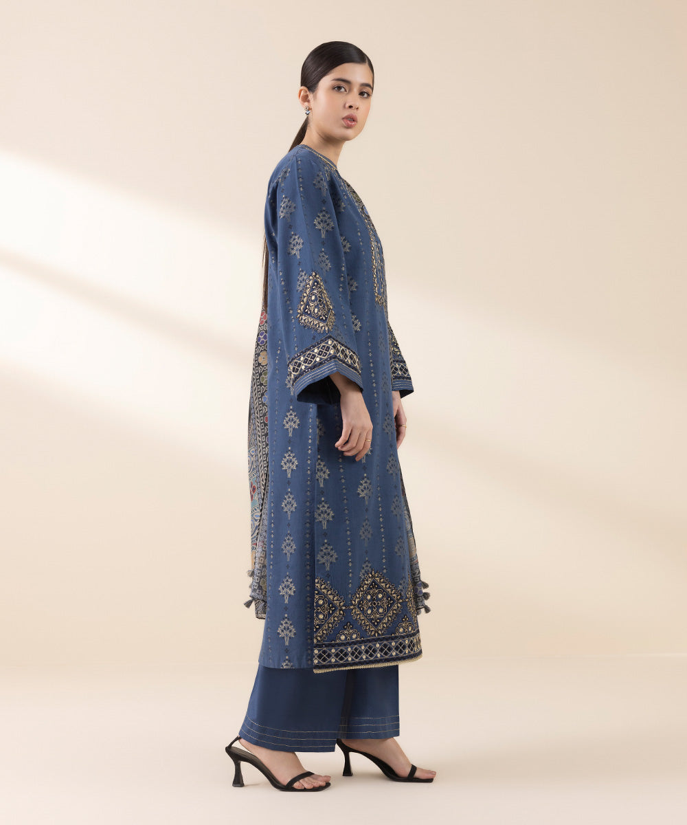 Unstitched Women's Embroidered Extra Weft Jacquard Blue Three Piece Suit 