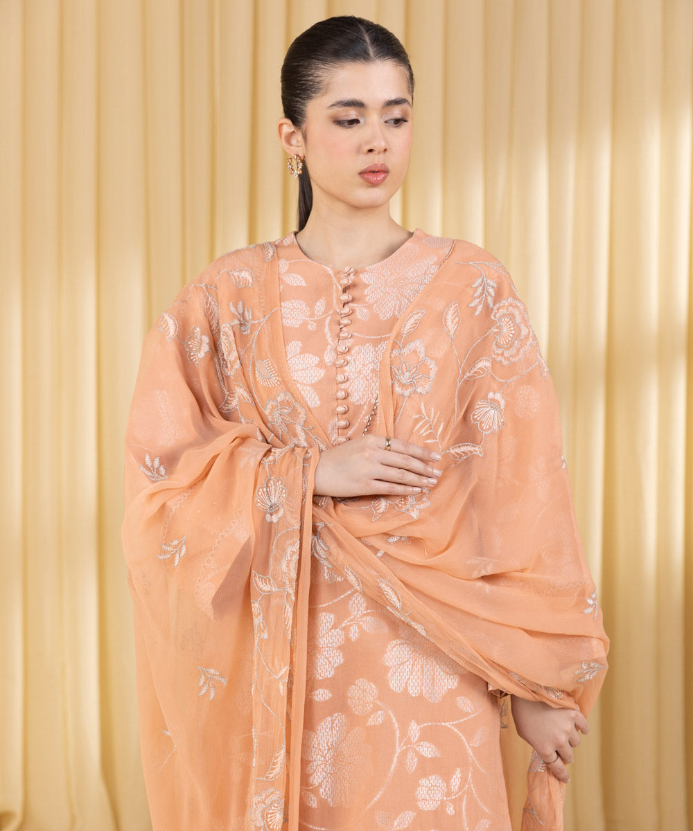 Unstitched Women's Pink Extra Weft Jacquard 3 Piece Suit