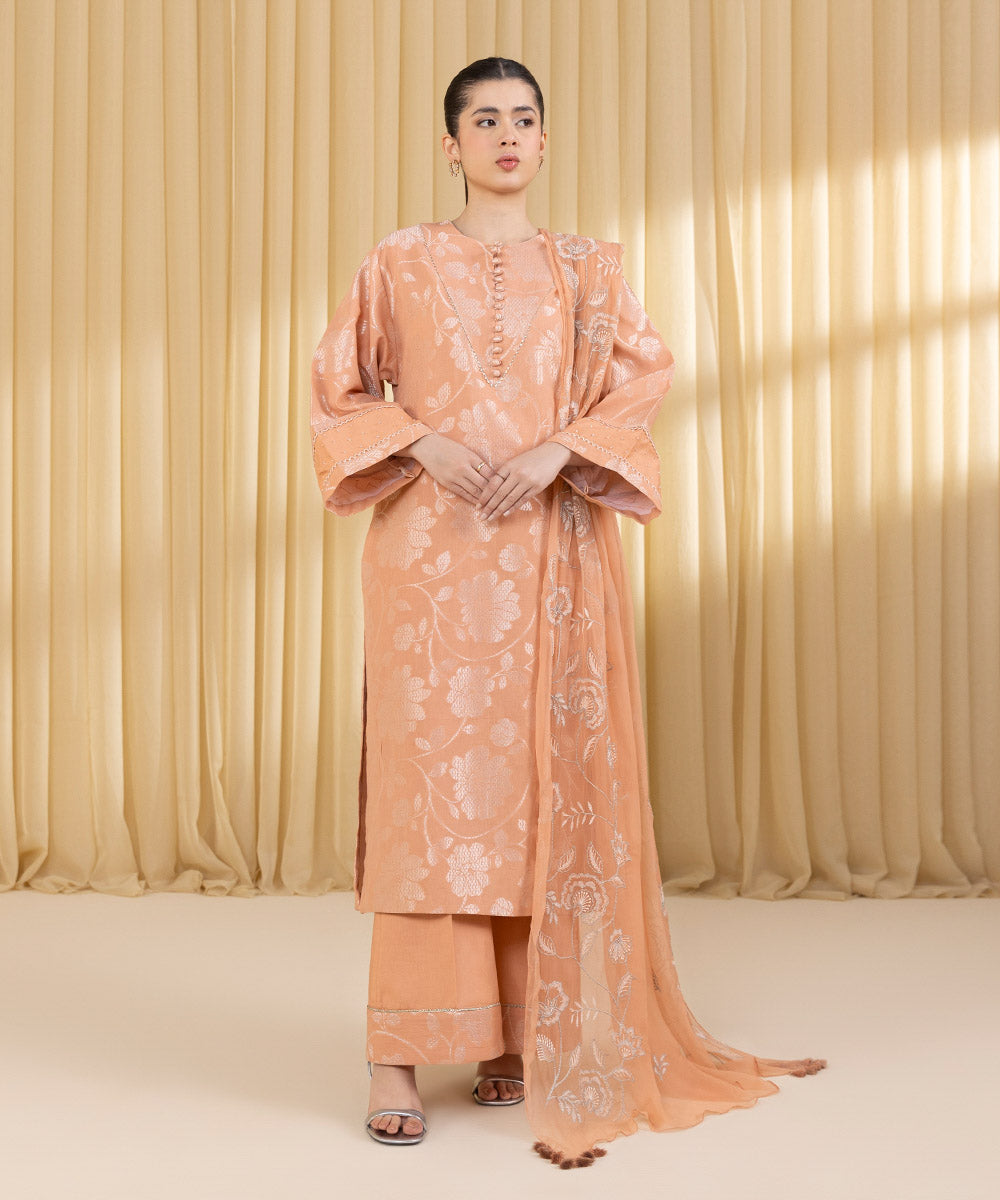 Unstitched Women's Pink Extra Weft Jacquard 3 Piece Suit