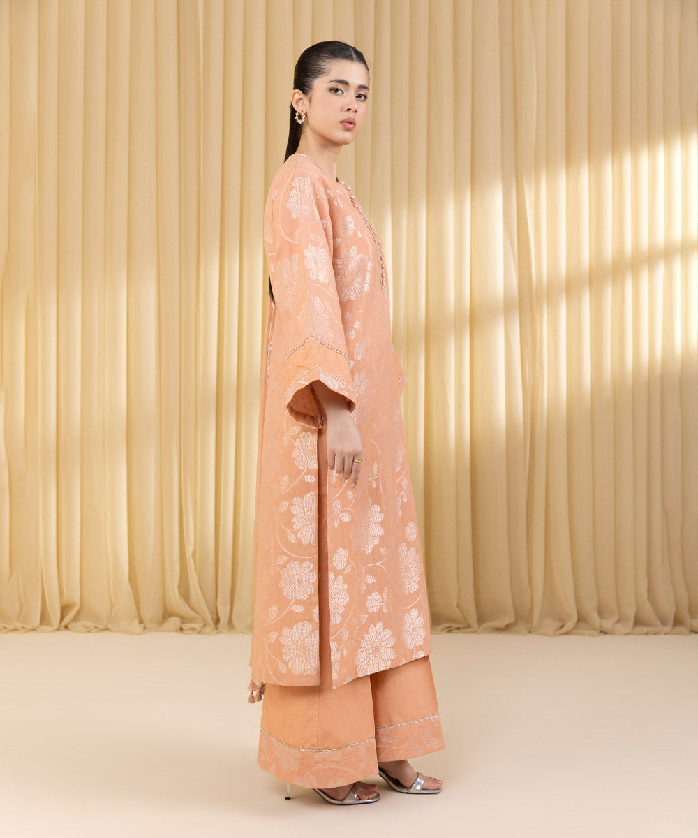Unstitched Women's Pink Extra Weft Jacquard 3 Piece Suit