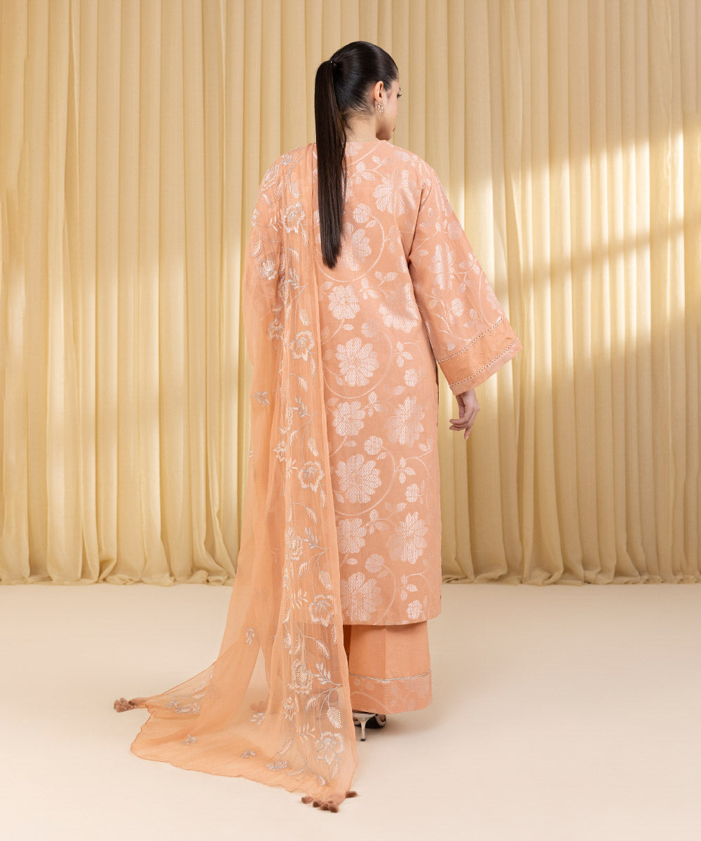 Unstitched Women's Pink Extra Weft Jacquard 3 Piece Suit