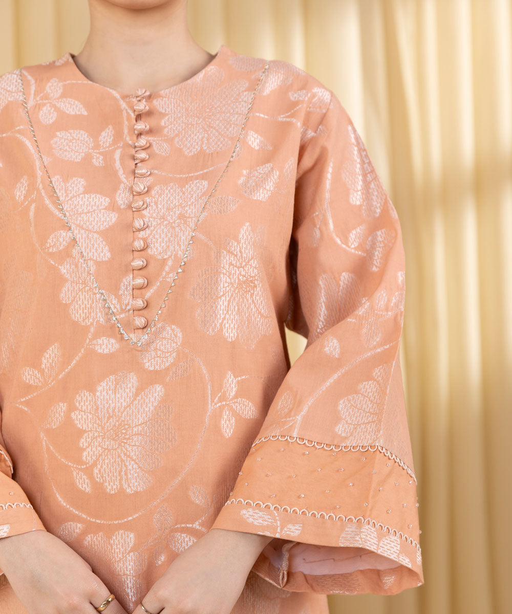 Unstitched Women's Pink Extra Weft Jacquard 3 Piece Suit