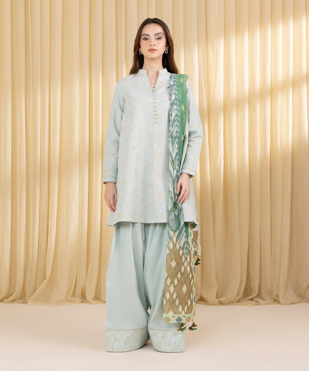 Unstitched Women's Blue Extra Weft Jacquard 3 Piece Suit