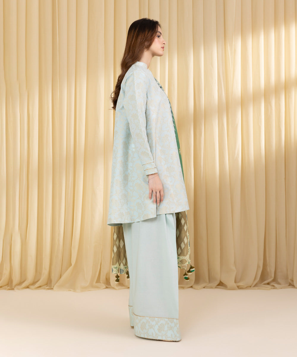 Unstitched Women's Blue Extra Weft Jacquard 3 Piece Suit