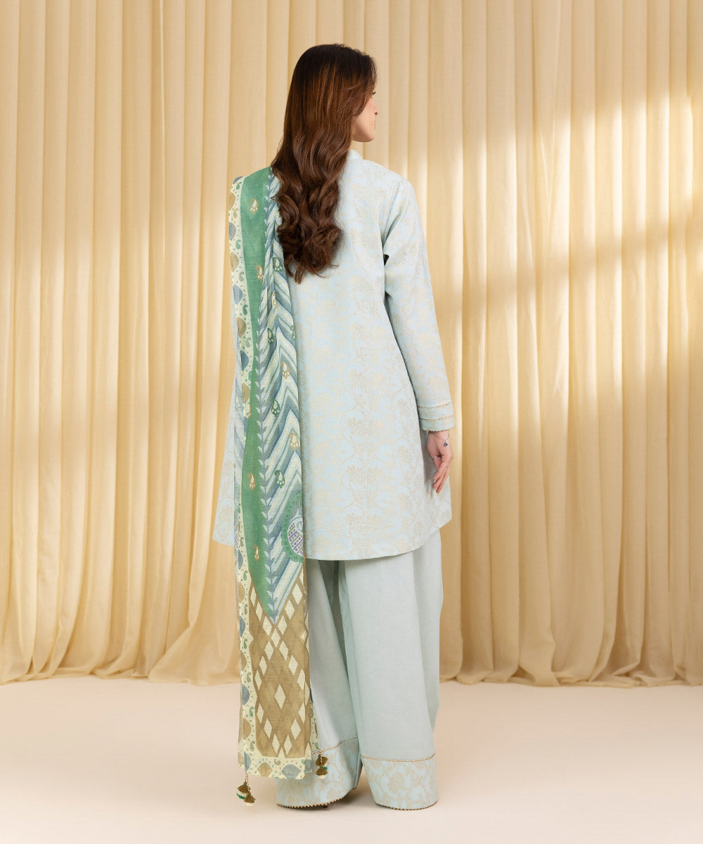 Unstitched Women's Blue Extra Weft Jacquard 3 Piece Suit