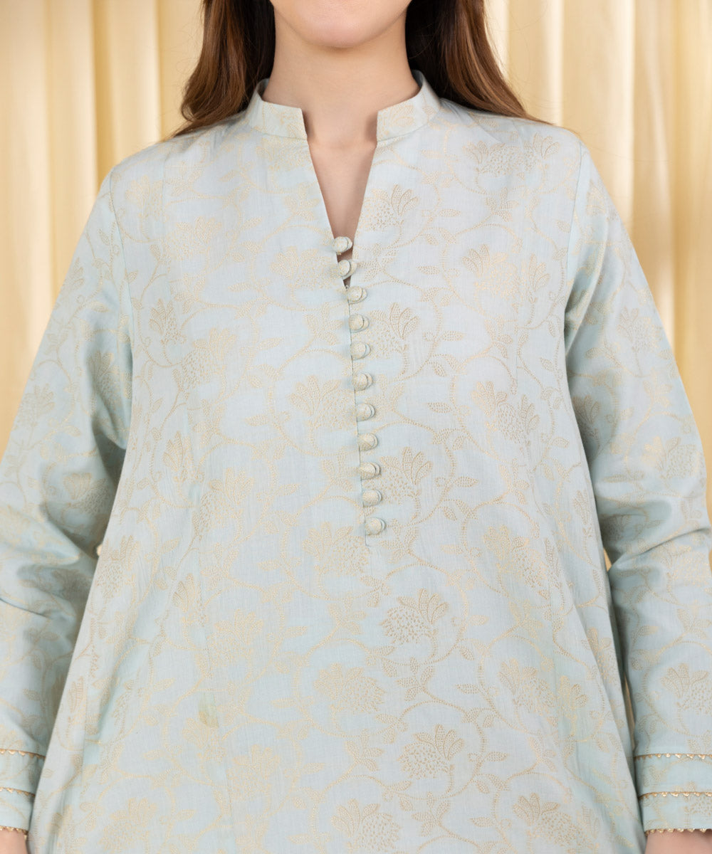 Unstitched Women's Blue Extra Weft Jacquard 3 Piece Suit