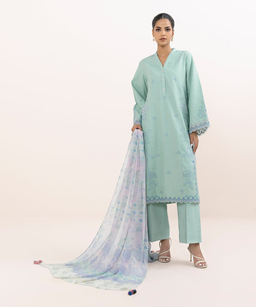 Women's Unstitched Linen Jacquard Dyed Three Piece Suit