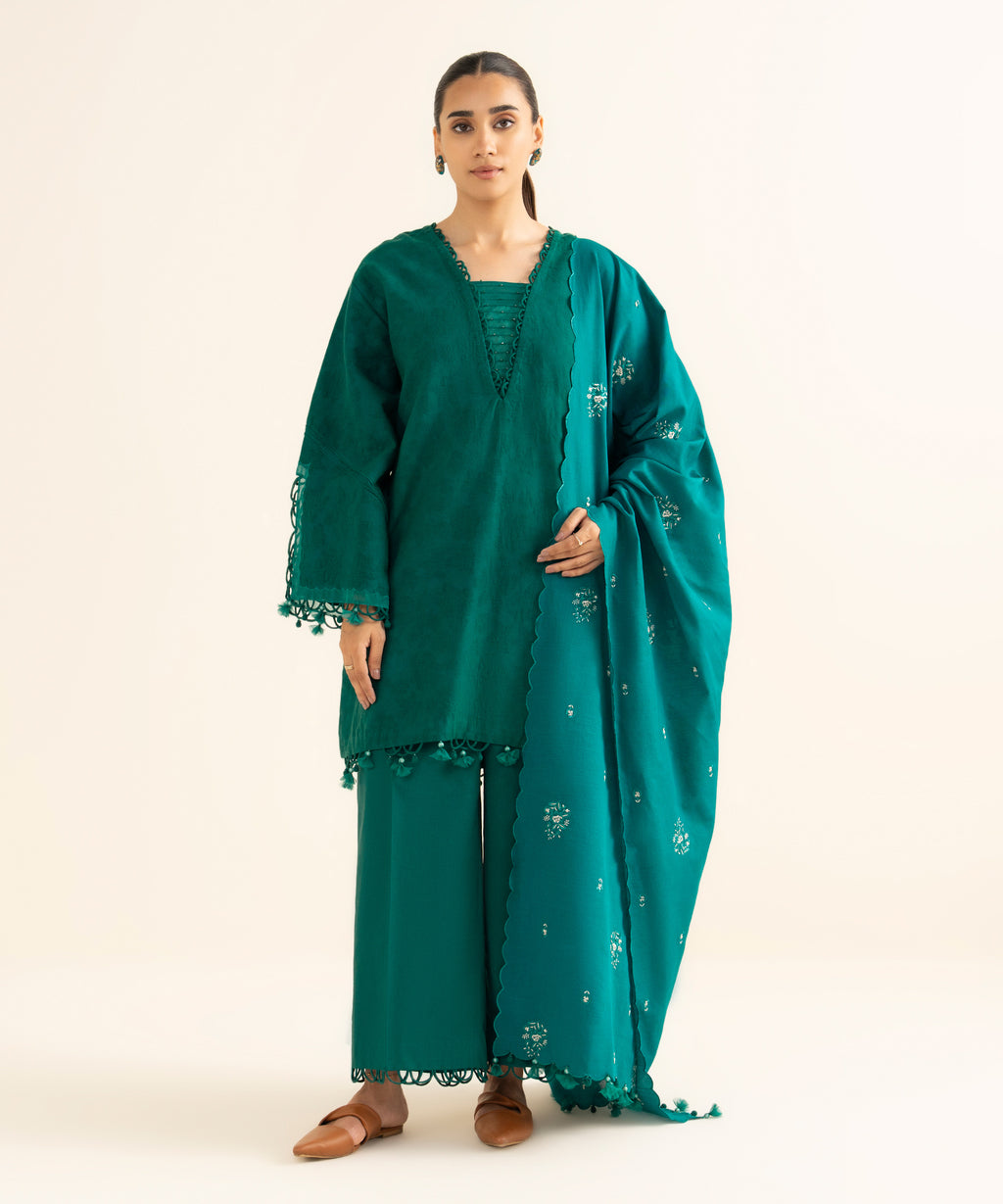 3 Piece - Embroidered Cotton Jacquard Suit