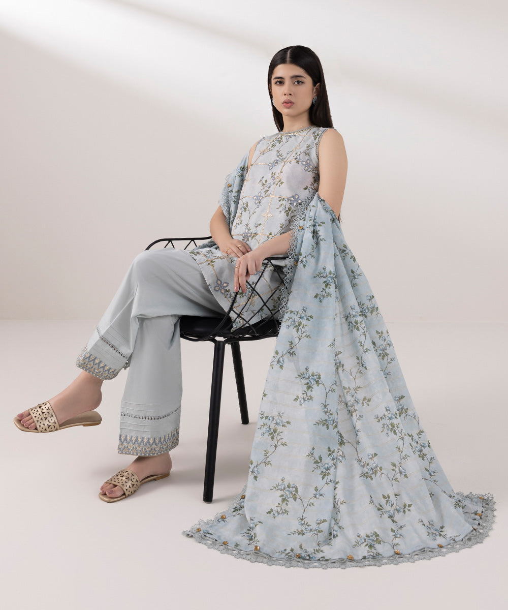 Zari Voile Blue Printed Dupatta