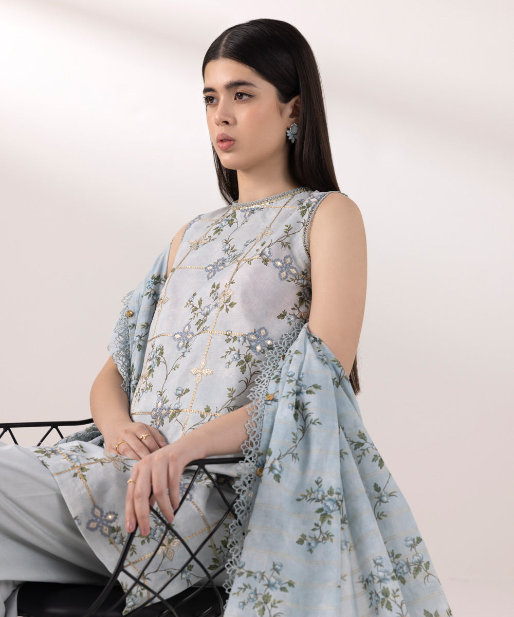 Women's Pret Zari Lawn Embroidered Blue Straight Shirt