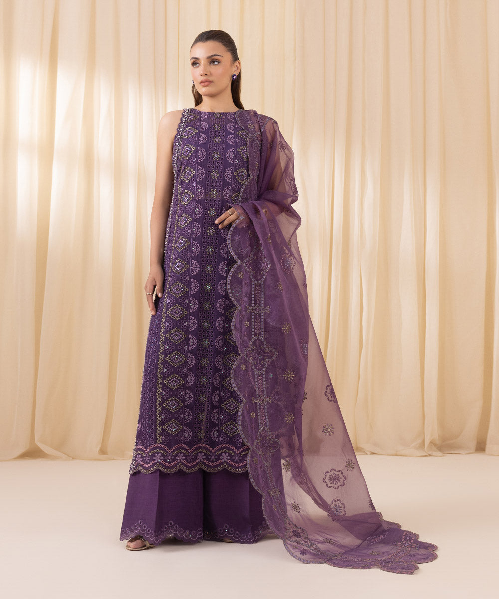 Women's Unstitched Purple Georgette Chiffon Three Piece Suit