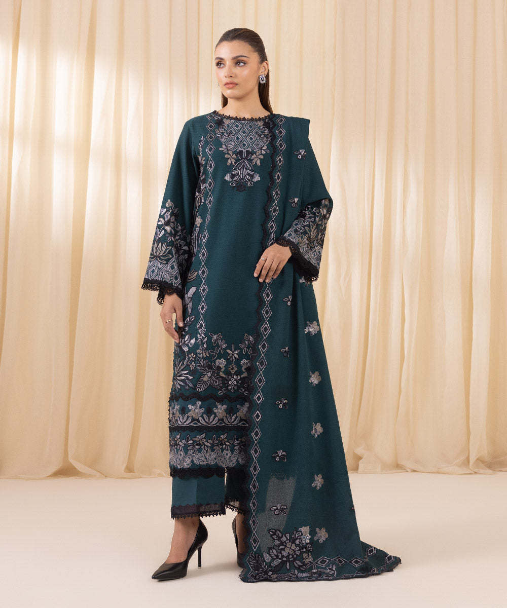 Women's Unstitched Embroidered Olive Green Cotton Karandi Three Piece Suit