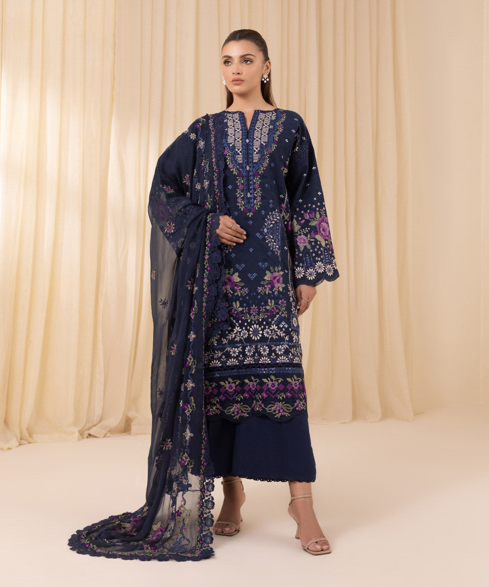 Women's Unstitched Embroidered Prussian Blue Cotton Jacquard Three Piece Suit