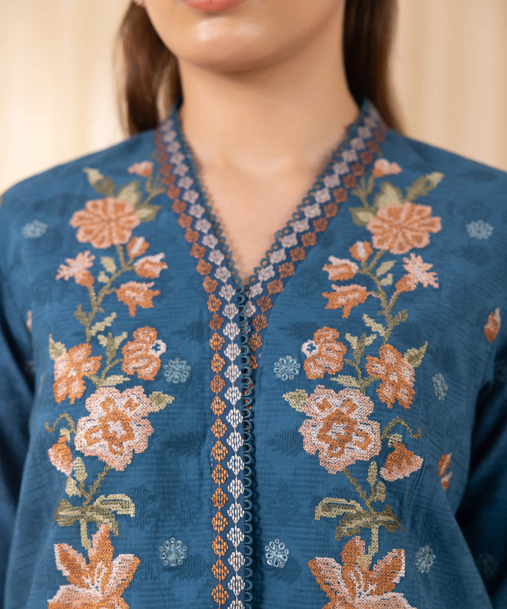 Women's Unstitched Embroidered Light Blue Cotton Jacquard Three Piece Suit