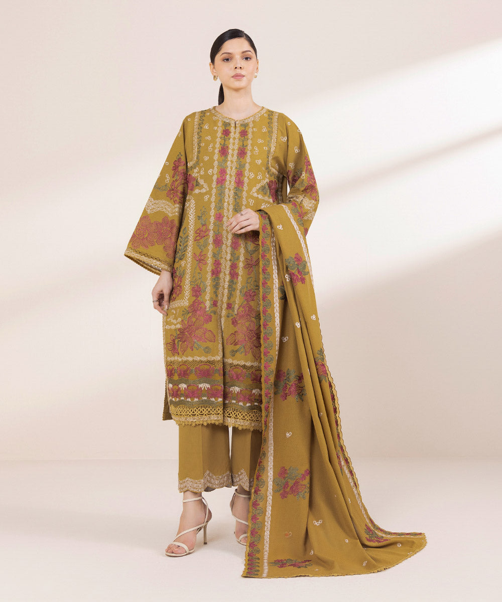 Women's Unstitched Embroidered Mustard Cotton Karandi Three Piece Suit