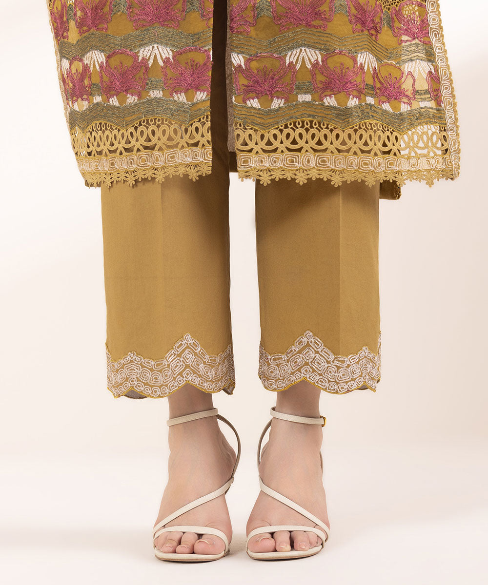 Women's Unstitched Embroidered Mustard Cotton Karandi Three Piece Suit