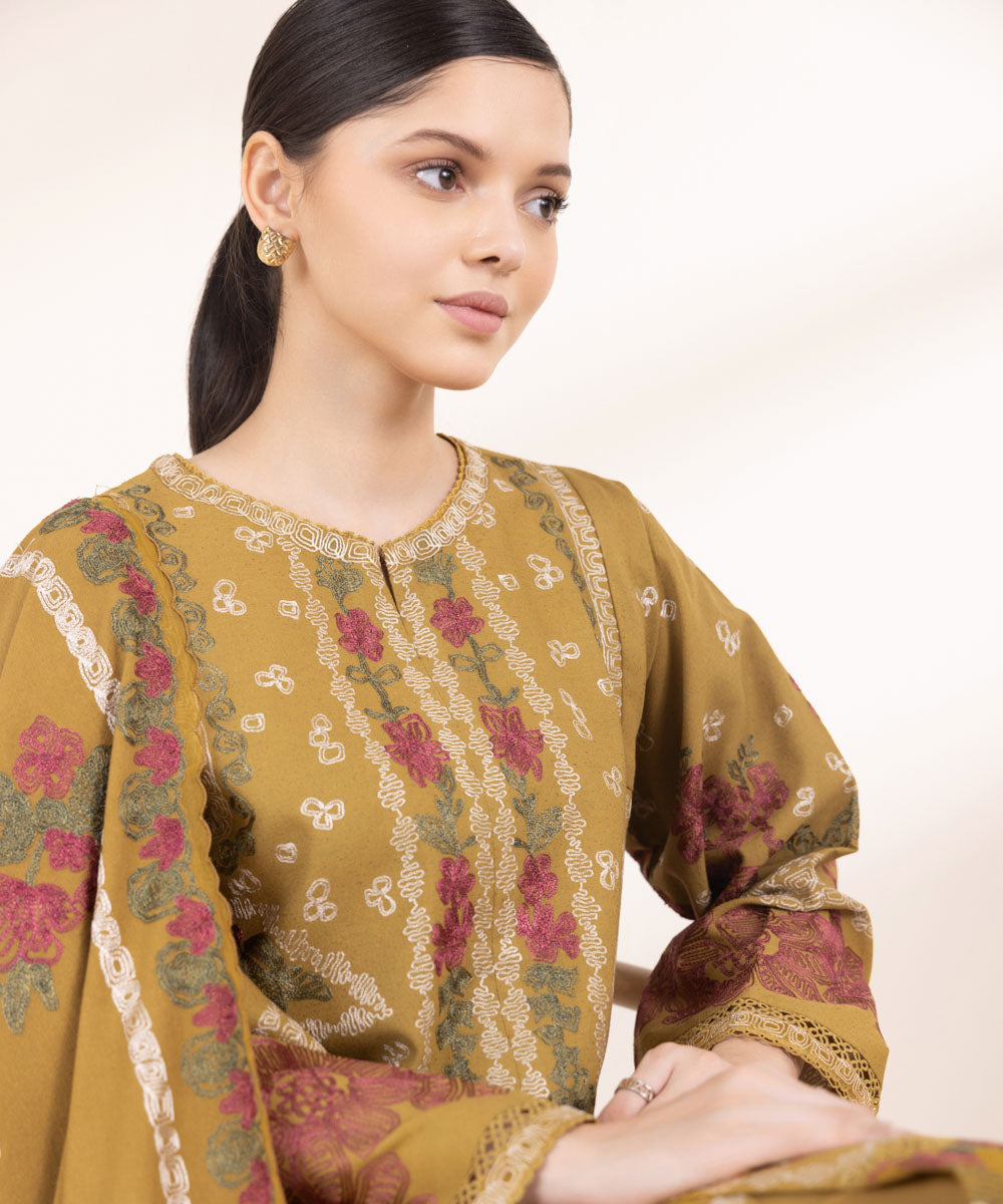 Women's Unstitched Embroidered Mustard Cotton Karandi Three Piece Suit