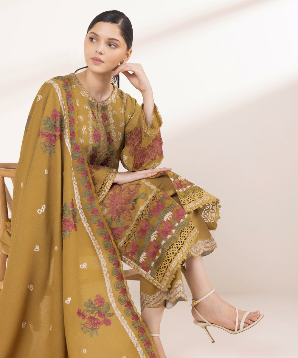 Women's Unstitched Embroidered Mustard Cotton Karandi Three Piece Suit