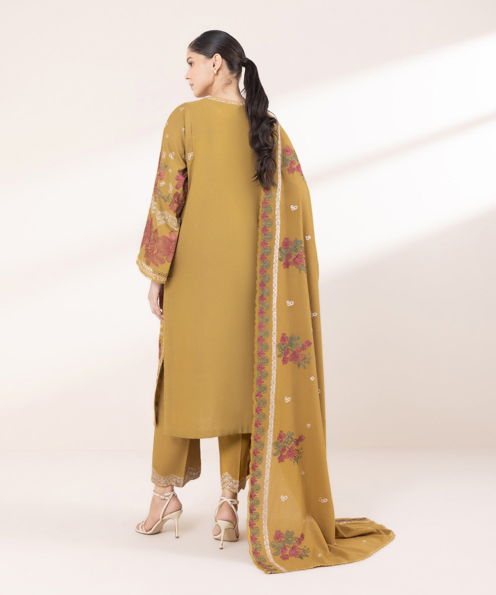 Women's Unstitched Embroidered Mustard Cotton Karandi Three Piece Suit