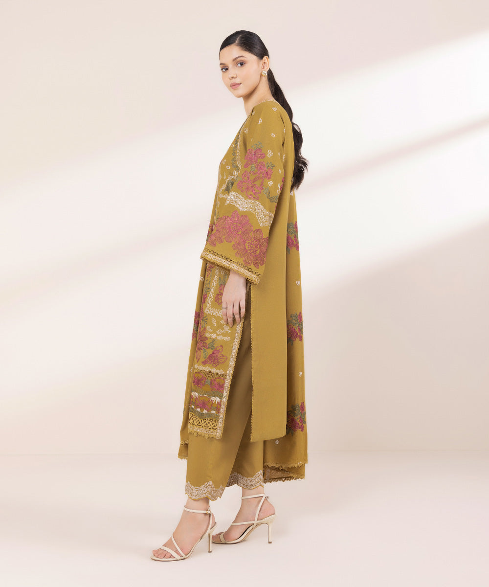 Women's Unstitched Embroidered Mustard Cotton Karandi Three Piece Suit