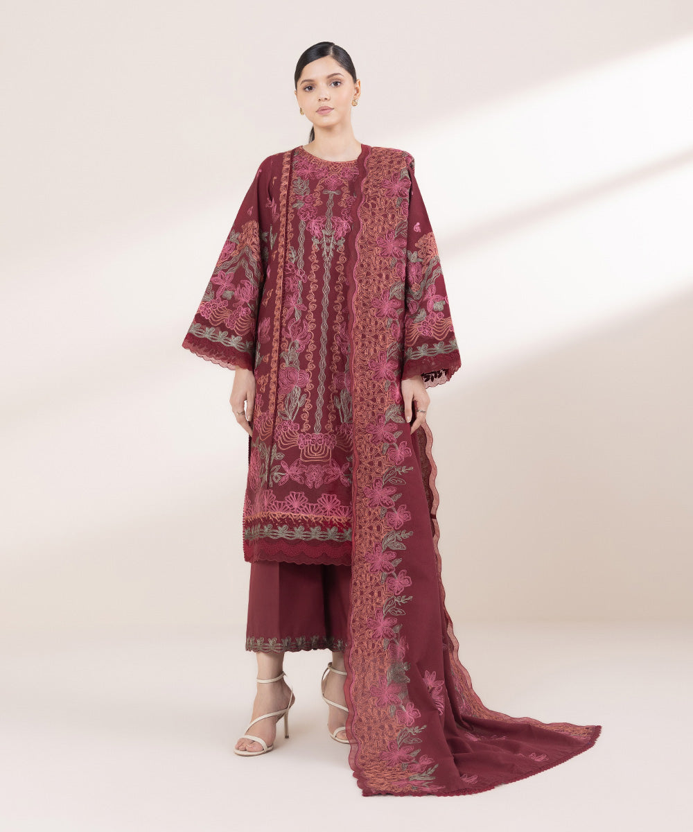 Women's Unstitched Embroidered Maroon Cotton Karandi Three Piece Suit