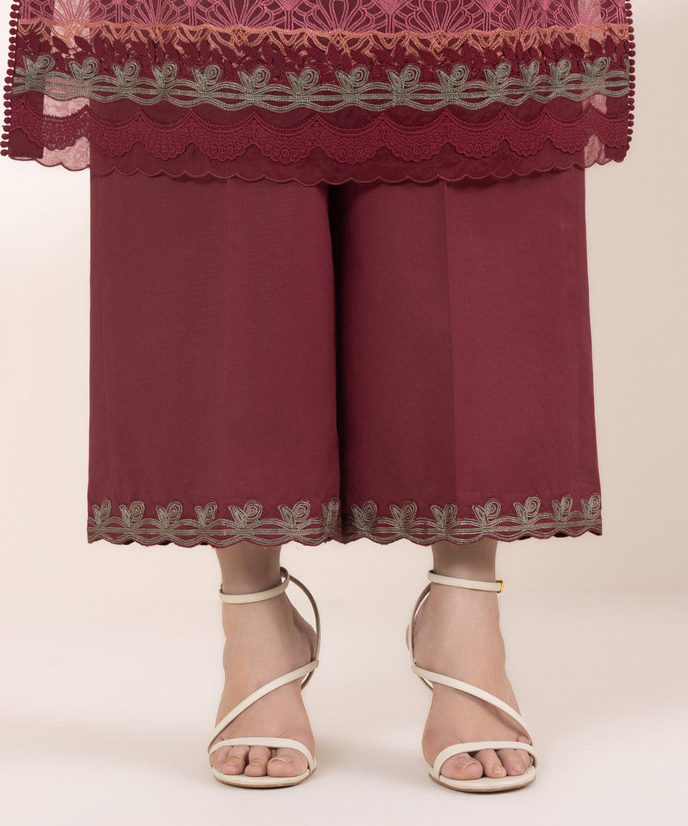 Women's Unstitched Embroidered Maroon Cotton Karandi Three Piece Suit