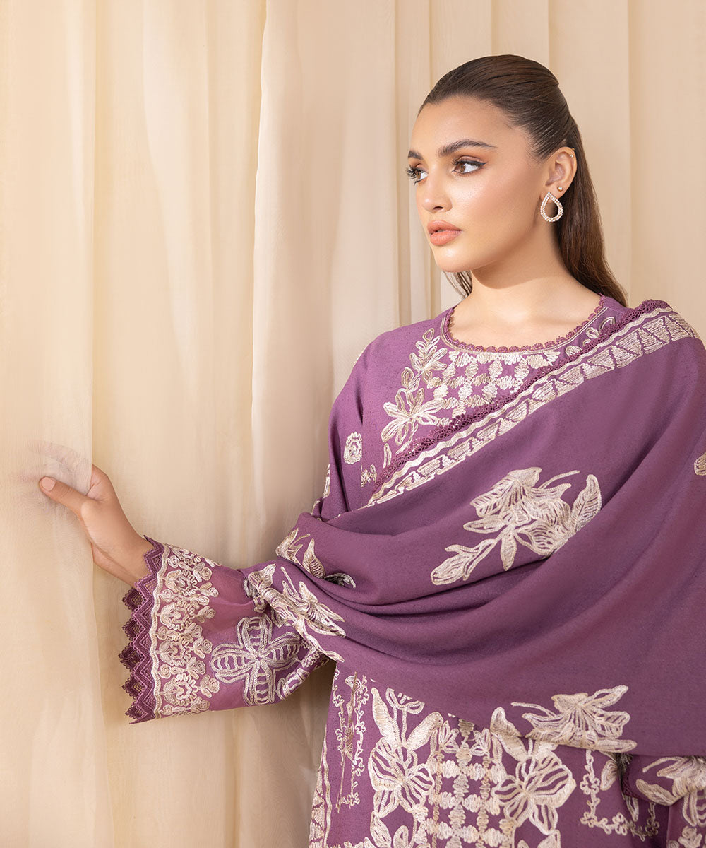 Women's Unstitched Embroidered Mauve Cotton Karandi Three Piece Suit