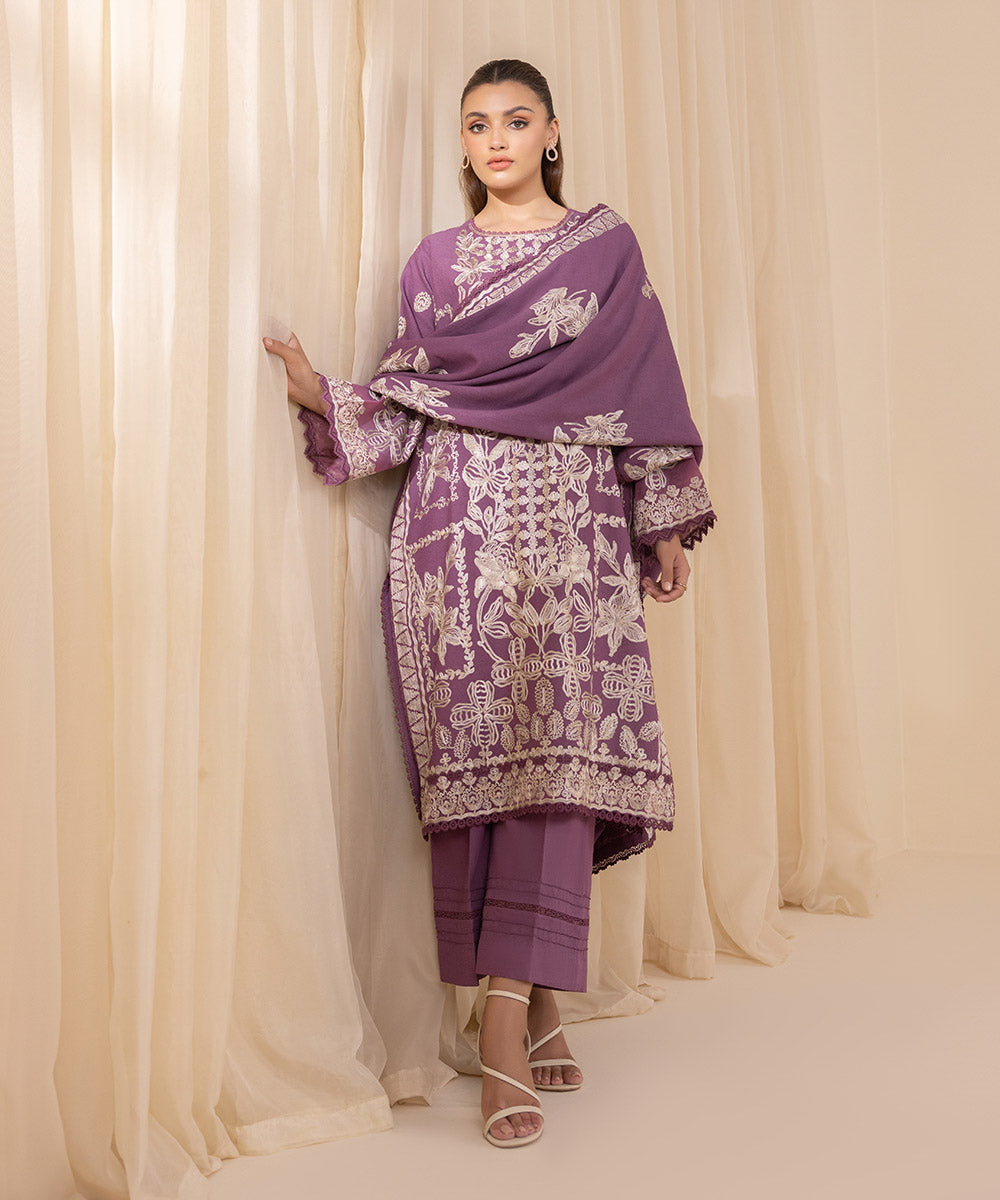 Women's Unstitched Embroidered Mauve Cotton Karandi Three Piece Suit