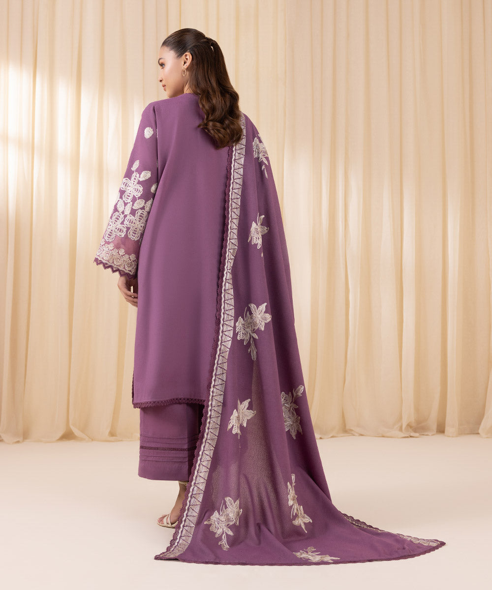 Women's Unstitched Embroidered Mauve Cotton Karandi Three Piece Suit