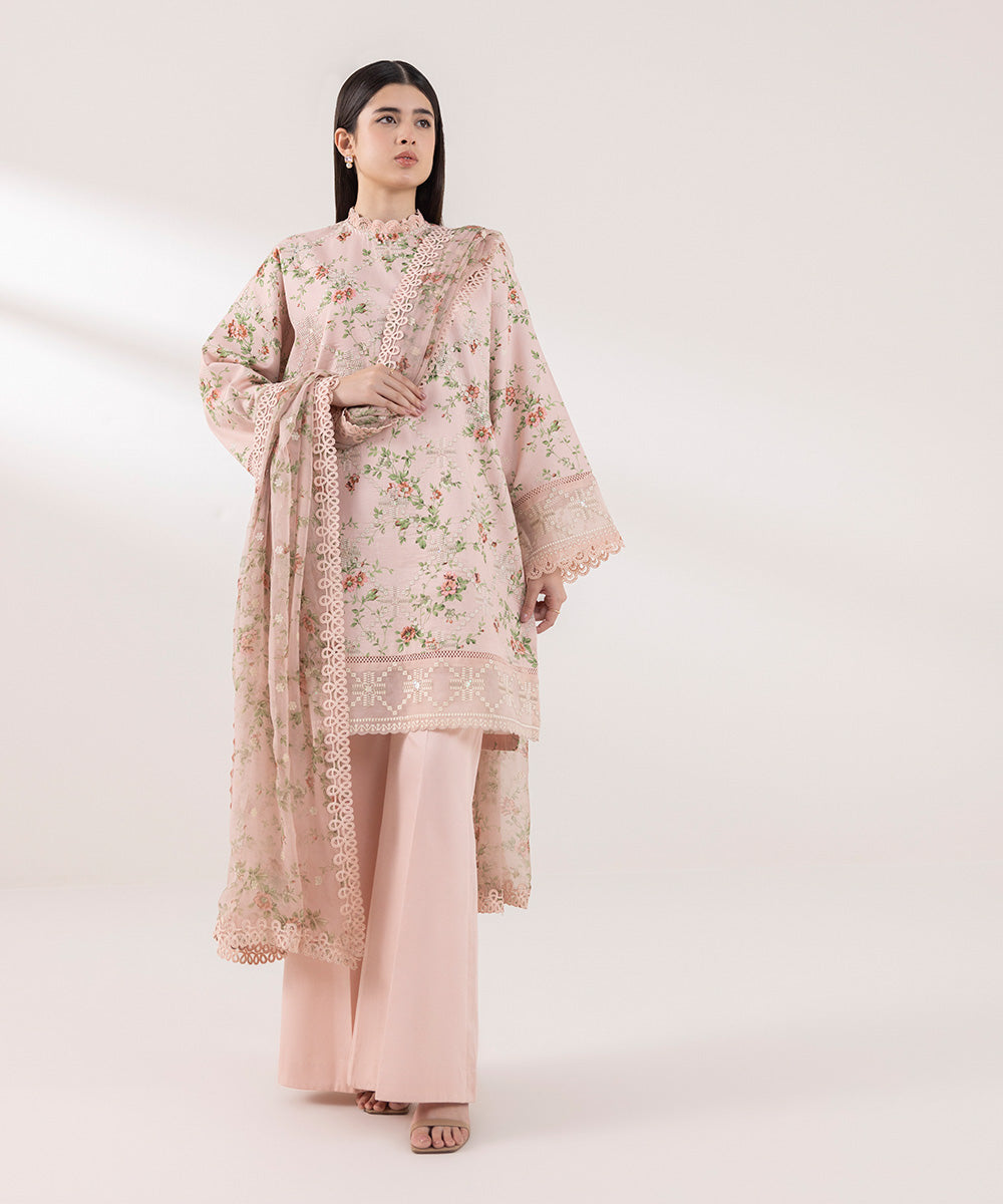 Women's Pret Cotton Satin Embroidered Pink Boxy Shirt