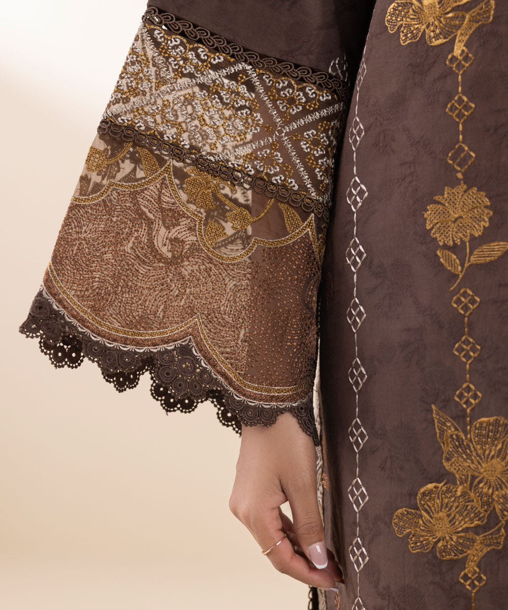 Women's Unstitched Cotton Jacquard Embroidered Brown 3 Piece Suit