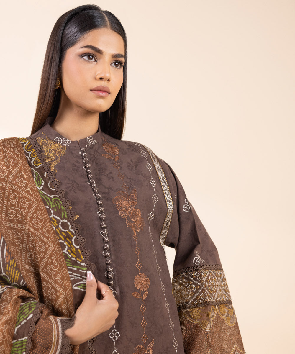 Women's Unstitched Cotton Jacquard Embroidered Brown 3 Piece Suit