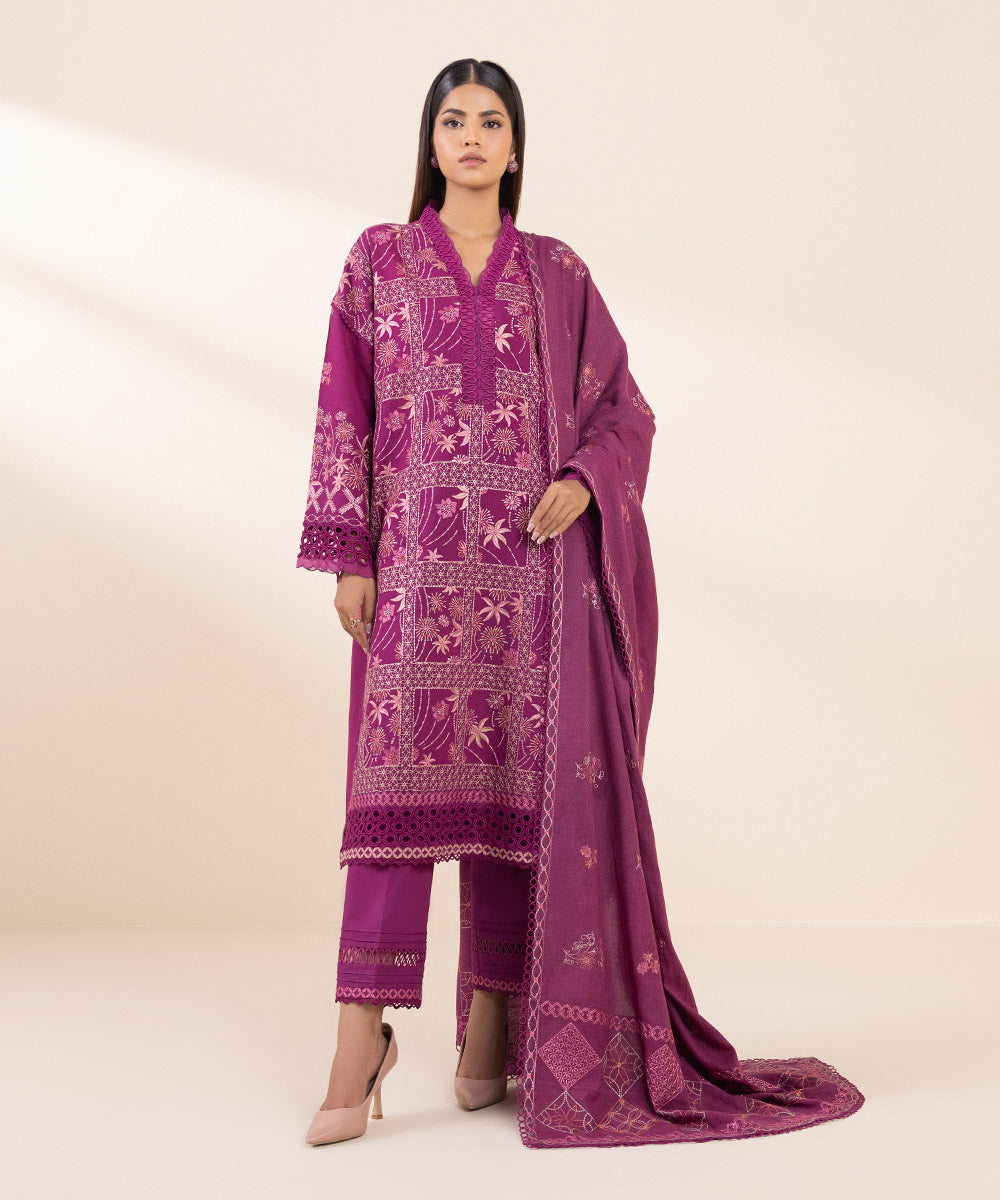 Women's Unstitched Cotton Karandi Embroidered Pink 3 Piece Suit