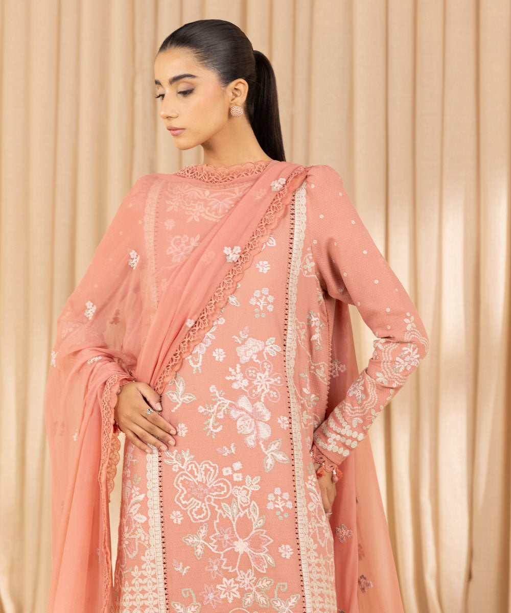 Unstitched Women's Embroidered Dobby Pink Three Piece Suit 