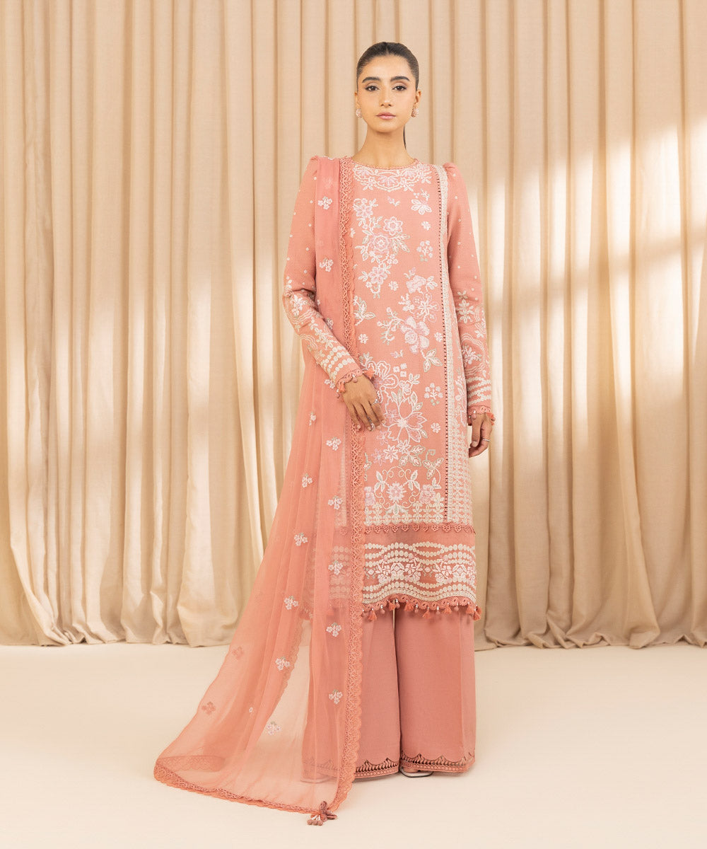 Unstitched Women's Embroidered Dobby Pink Three Piece Suit 