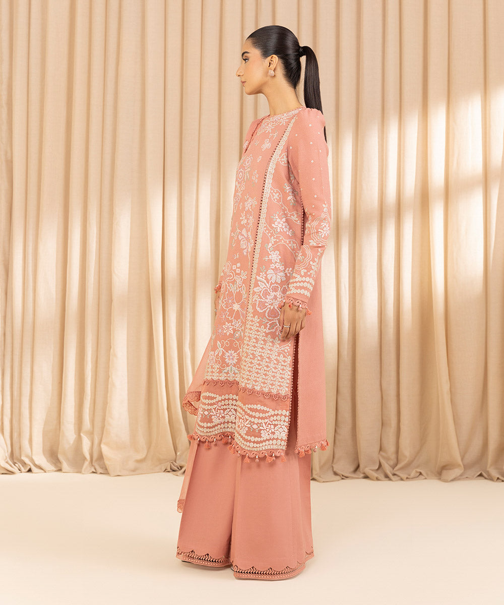 Unstitched Women's Embroidered Dobby Pink Three Piece Suit 