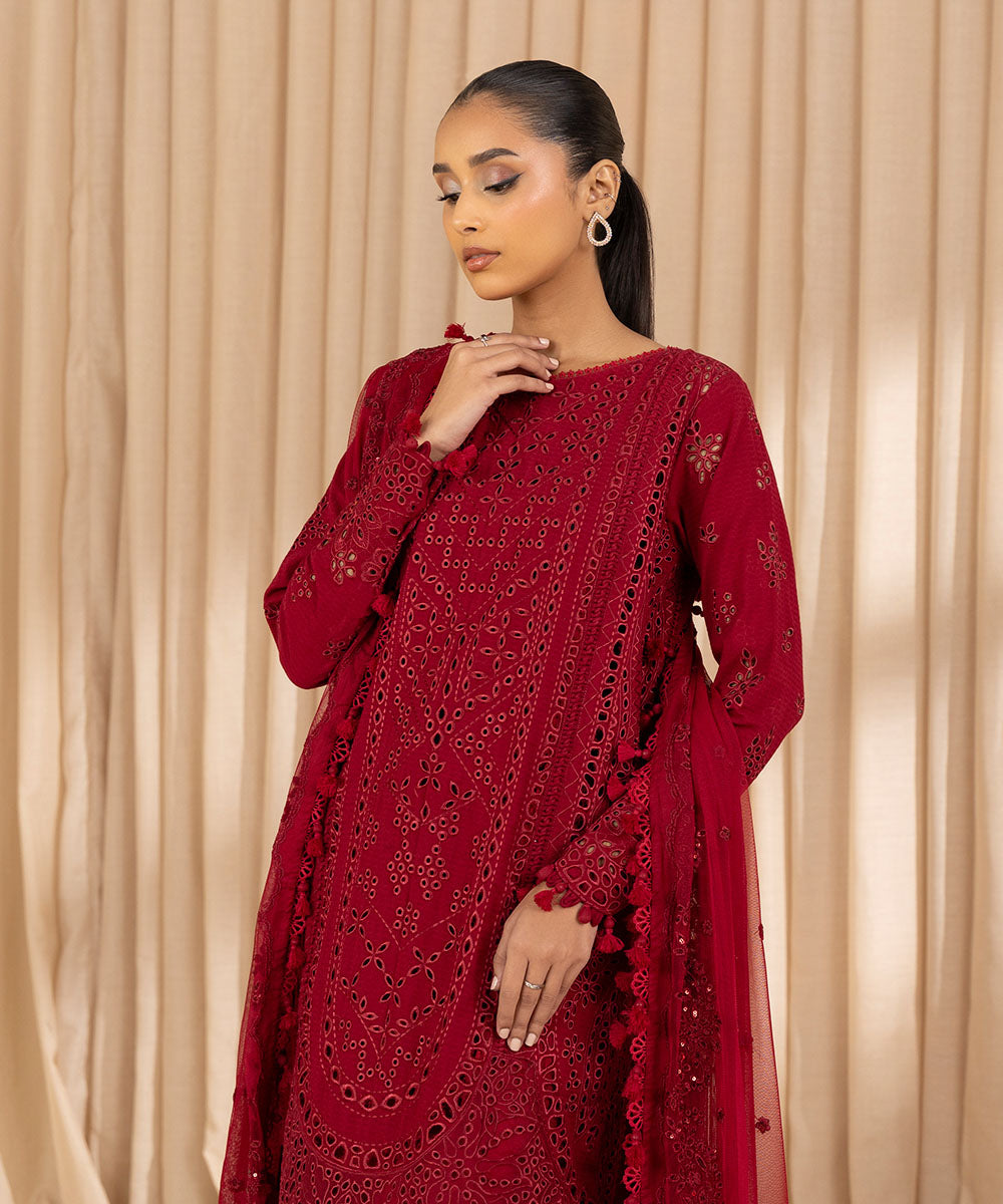 Unstitched Women's Embroidered Dobby Red Three Piece Suit 