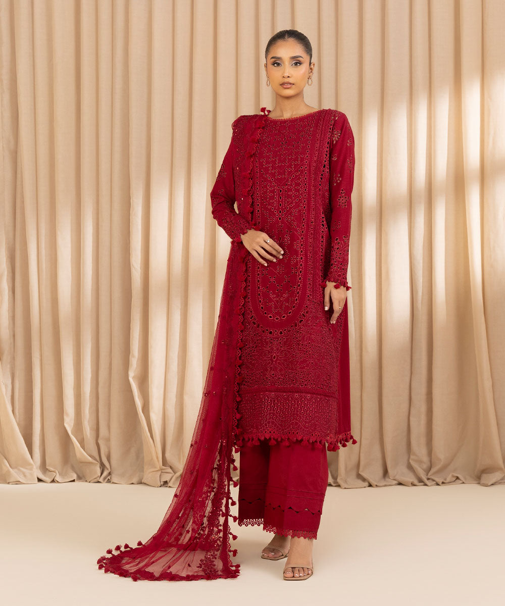 Unstitched Women's Embroidered Dobby Red Three Piece Suit 