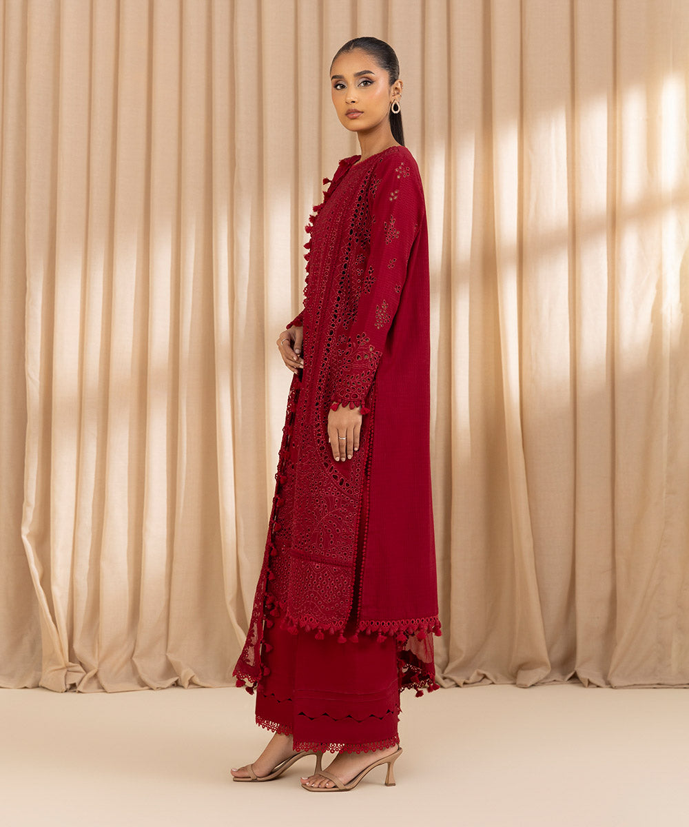 Unstitched Women's Embroidered Dobby Red Three Piece Suit 