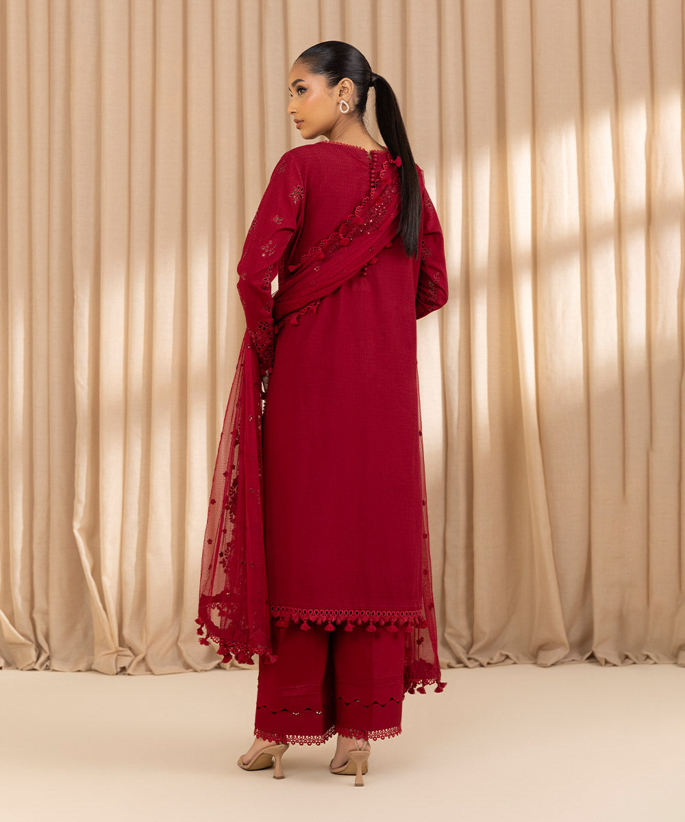 Unstitched Women's Embroidered Dobby Red Three Piece Suit 