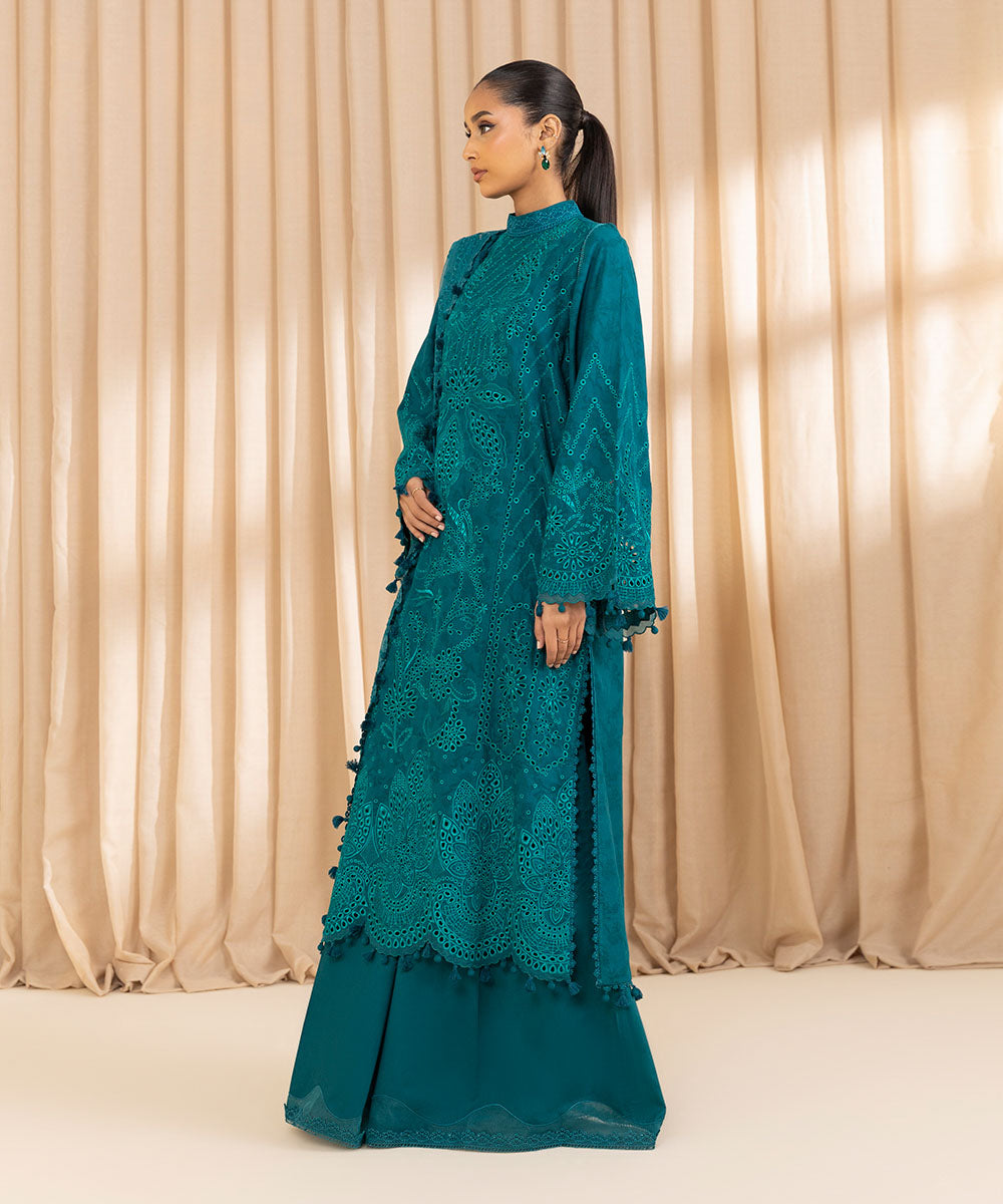 Unstitched Women's Embroidered Cotton Jacquard Green Three Piece Suit 