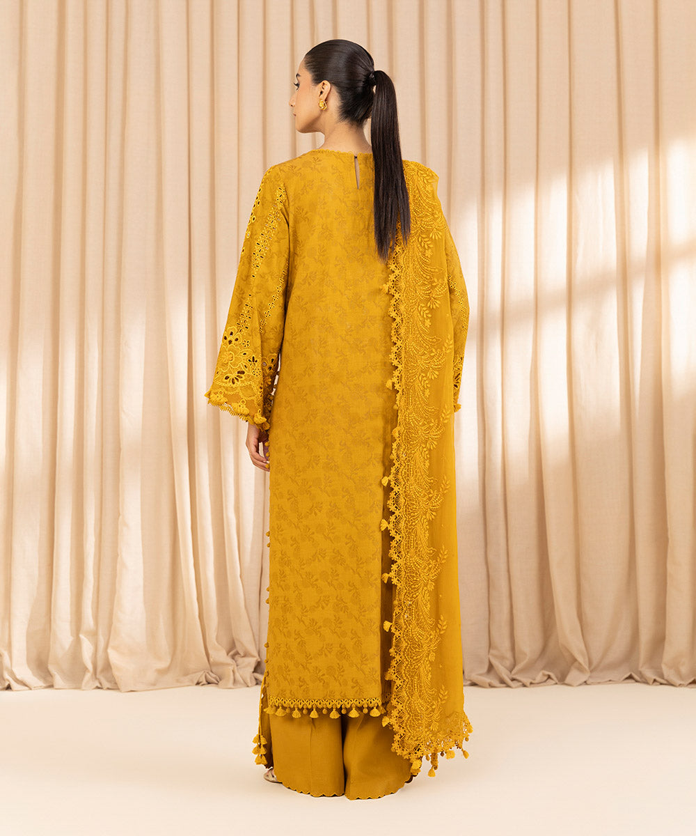 Unstitched Women's Embroidered Cotton Jacquard Yellow Three Piece Suit 