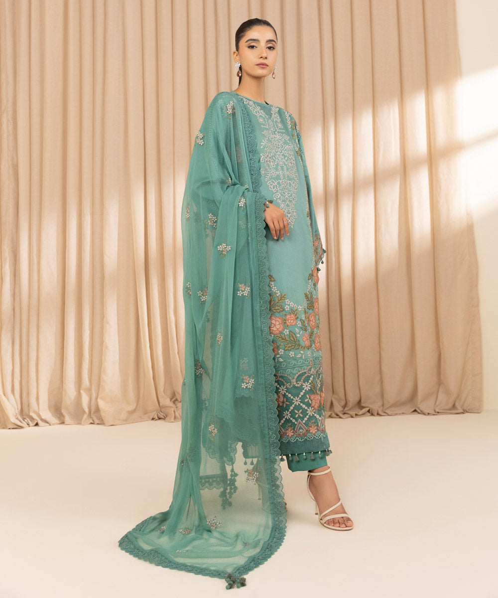 Unstitched Women's Embroidered Fine Cotton Satin Green Three Piece Suit 